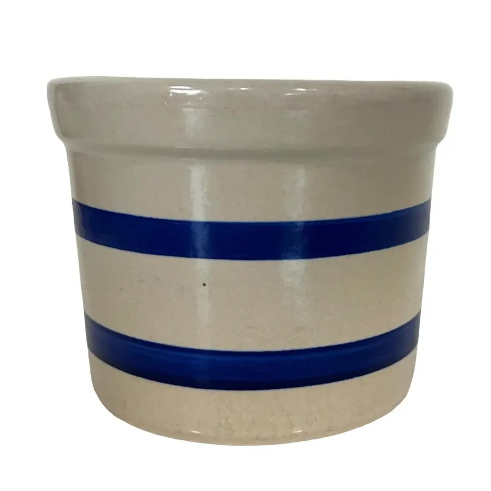 RRP Co Roseville Ohio Pottery Jar Short 3.5” Crock Blue Stripe Cottage Country